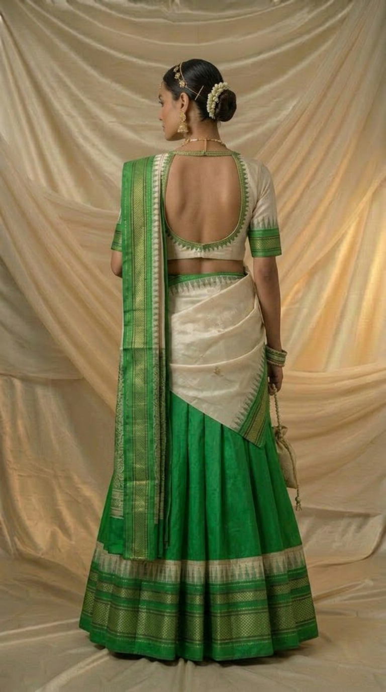 Handwoven Ilkal Silk Lehenga Emerald Green, Ivory & Gold Zari