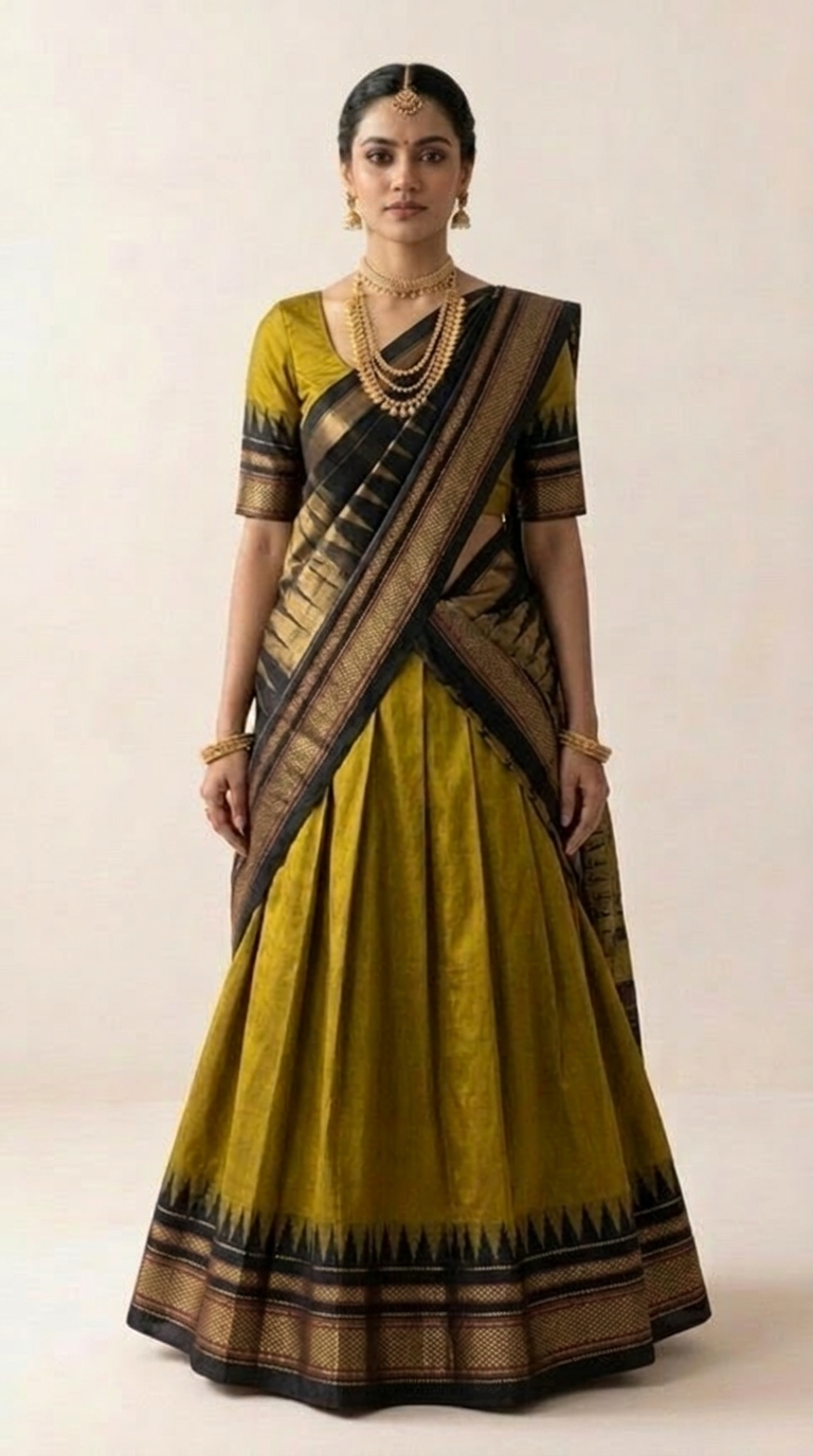 Handwoven Ilkal Silk Lehenga — Olive, Black & Gold Zari