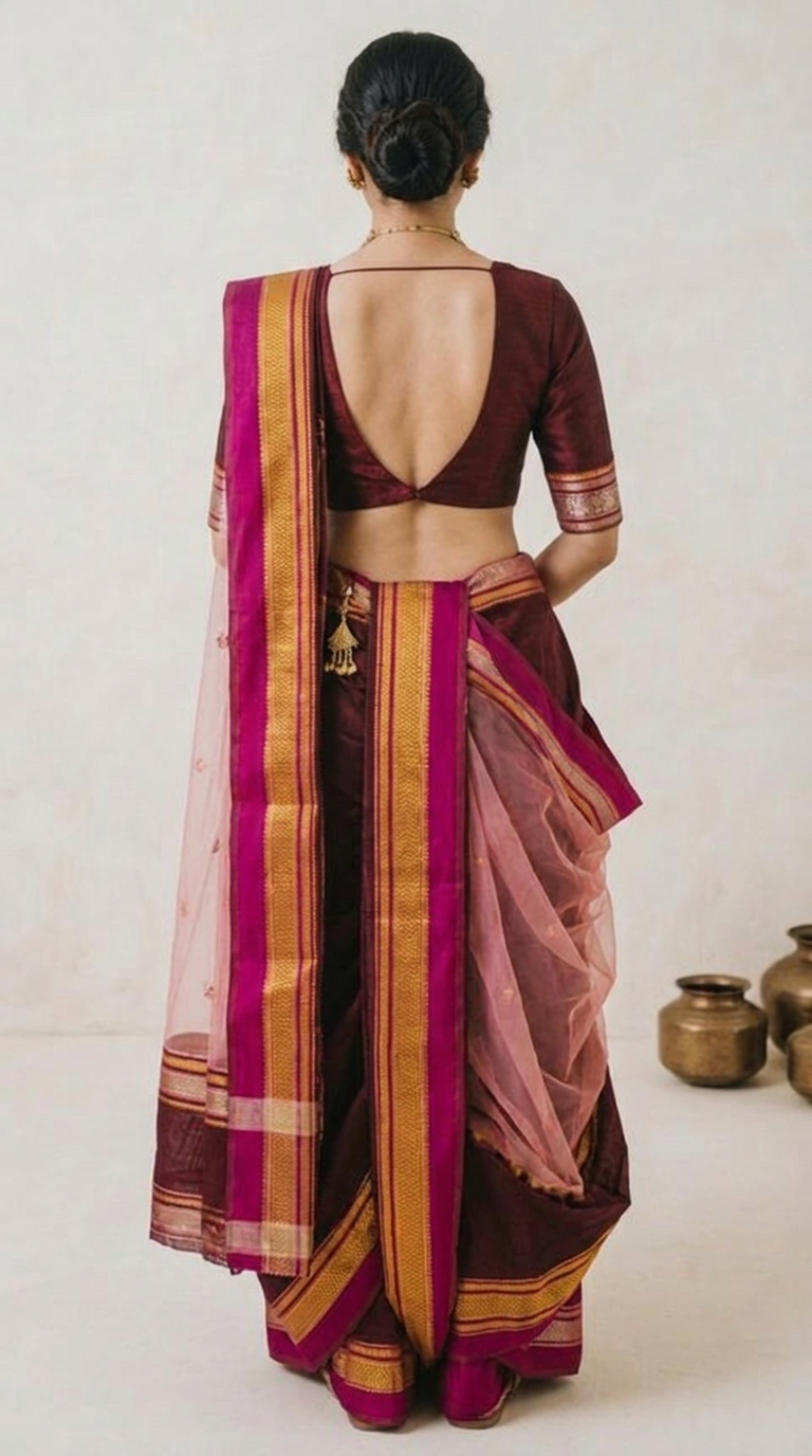 Ilkal Silk-Cotton Half Saree Organza Pallu & Zari Border