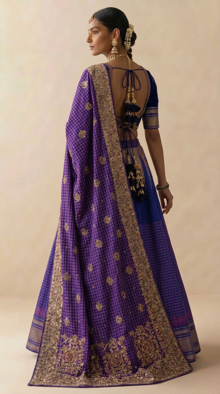 Royal Blue & Purple Gingham Lehenga Set with Embroidered Dupatta