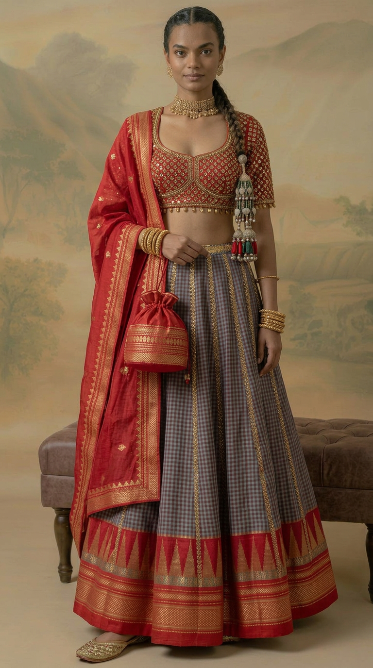 Ilkal Silk Lehenga Set with Embroidered Blouse & Dupatta