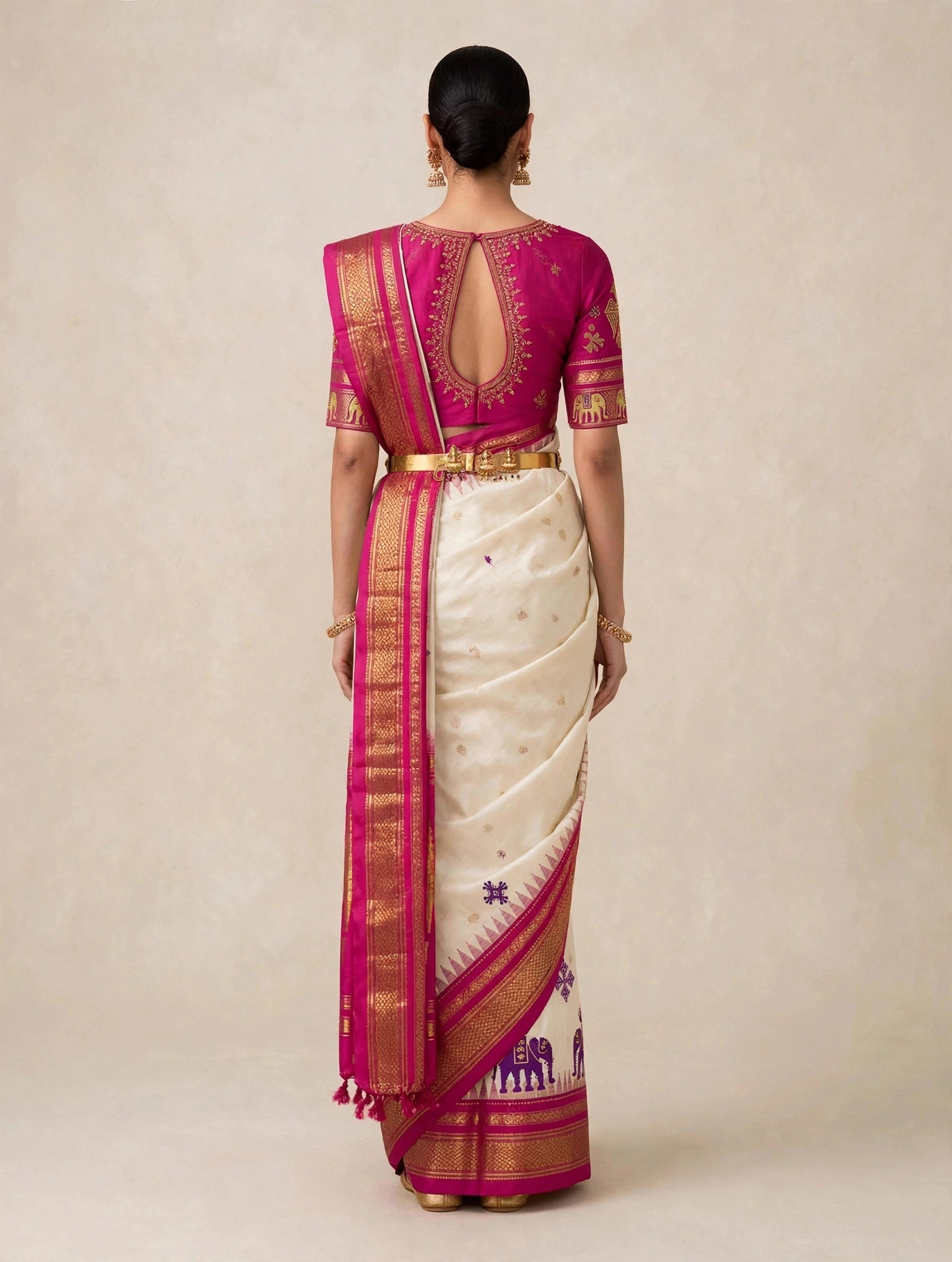 Ivory Ilkal handloom silk saree with Kasuti embroidery - back view showing keyhole blouse