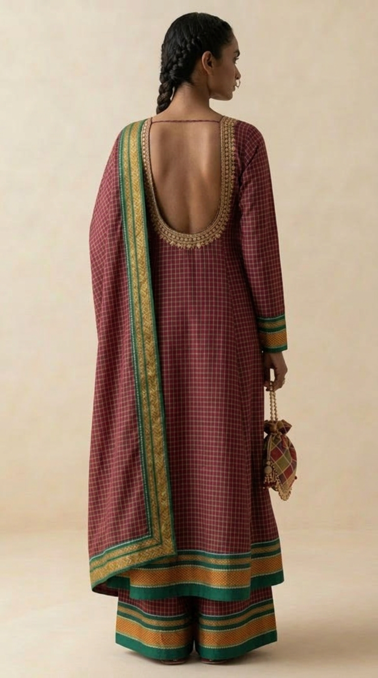 Crimson Gingham Kurta Set with Zari Border Dupatta