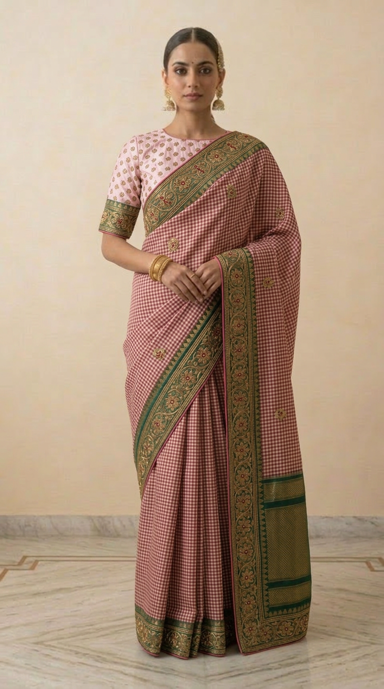 Ilkal Silk Saree Checks Weave with Kasuti Embroidered Border