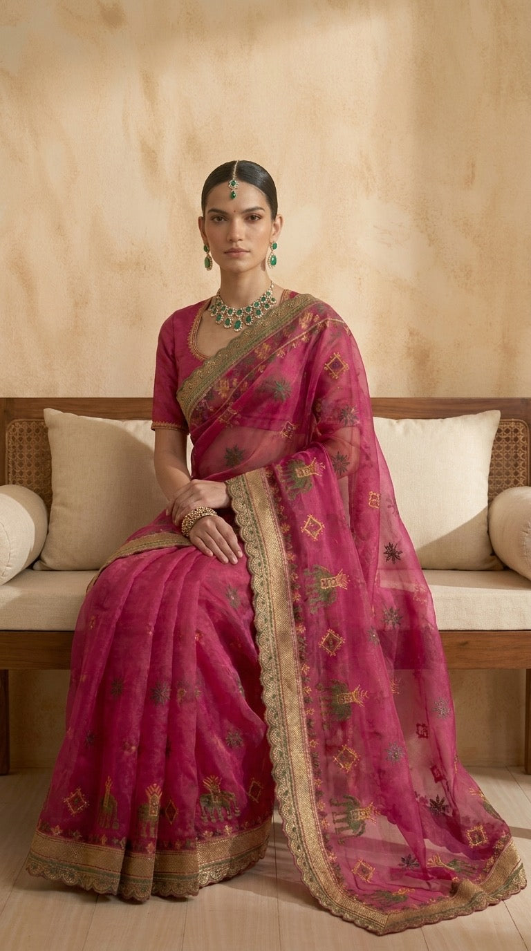 Kasuti Organza Silk Saree with Handwoven Border