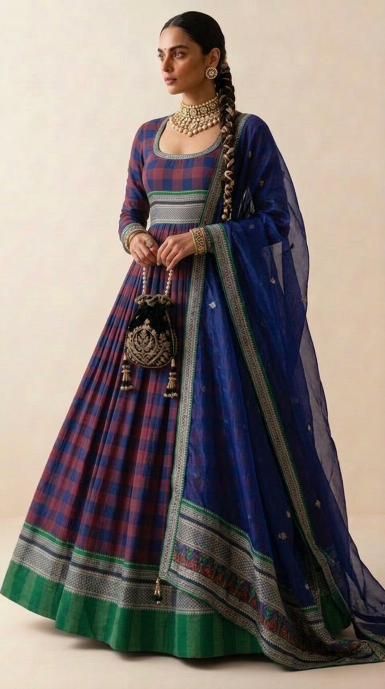 Navy Blue Ilkal Handloom Anarkali Set