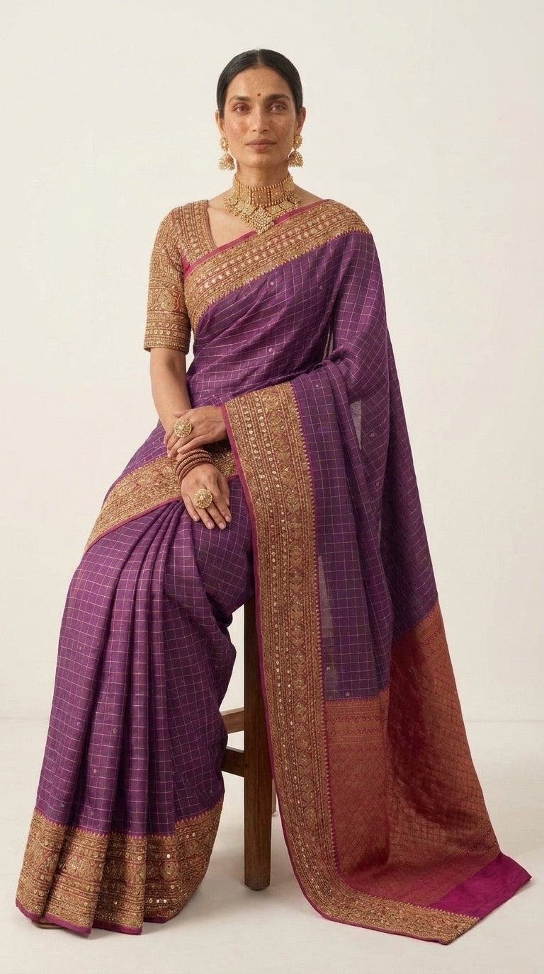Molkalmuru silk zari saree in amethyst purple - seated front view