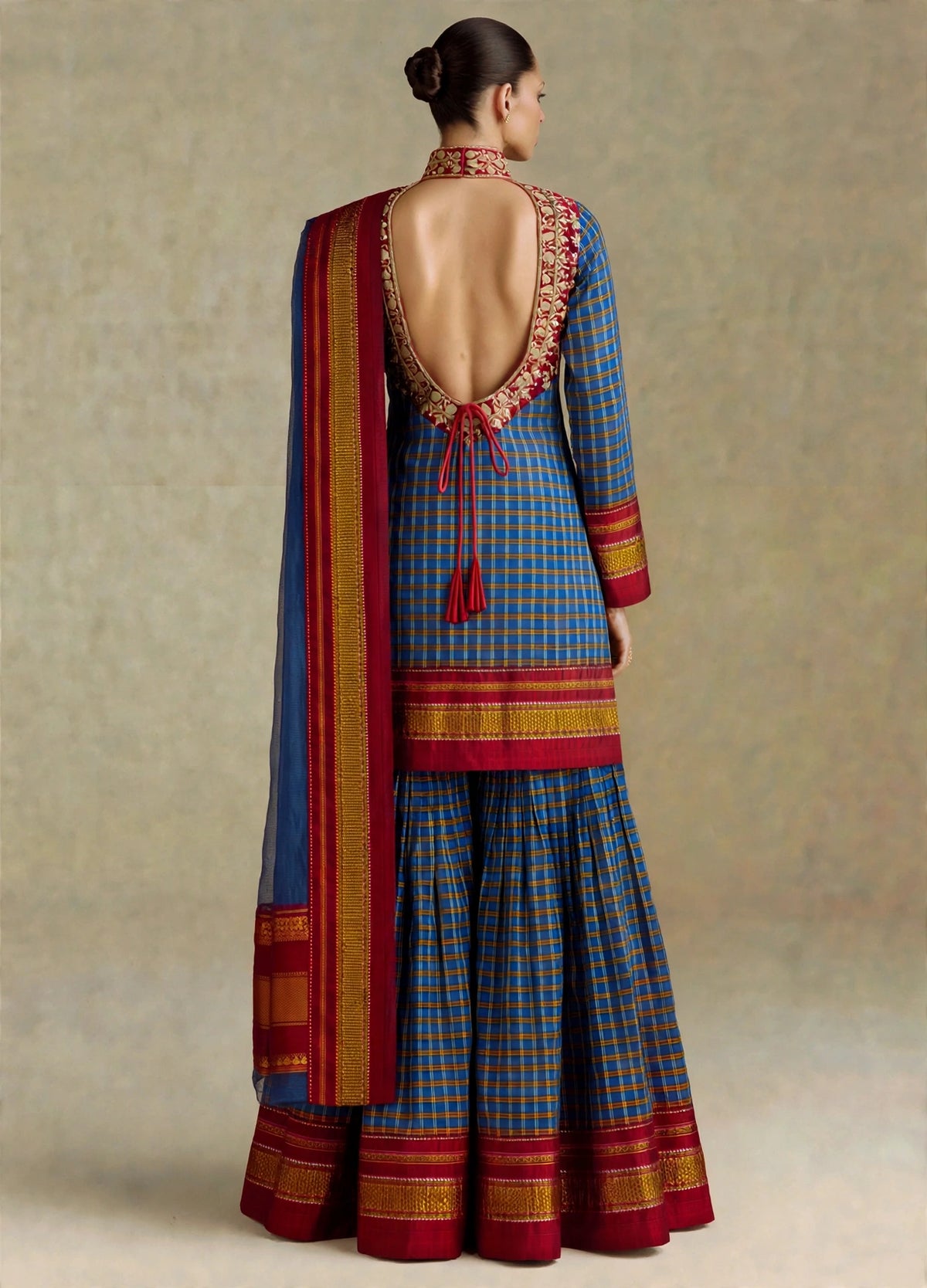 Indigo & Maroon Ilkal Handloom Sharara Set with Hand-Embroidered Zari Yoke