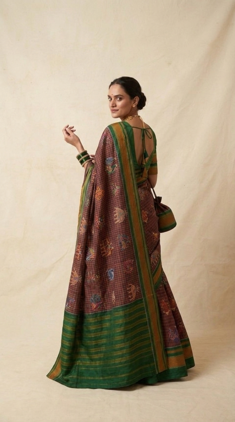 Folk Ilkal Handloom Cotton Silk Saree with Kasuti Embroidery