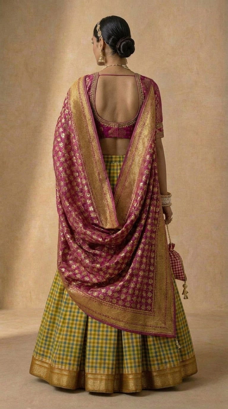 Chartreuse Vintage Checks Silk Lehenga Set with Hand-Embroidered Magenta Blouse & Dupatta