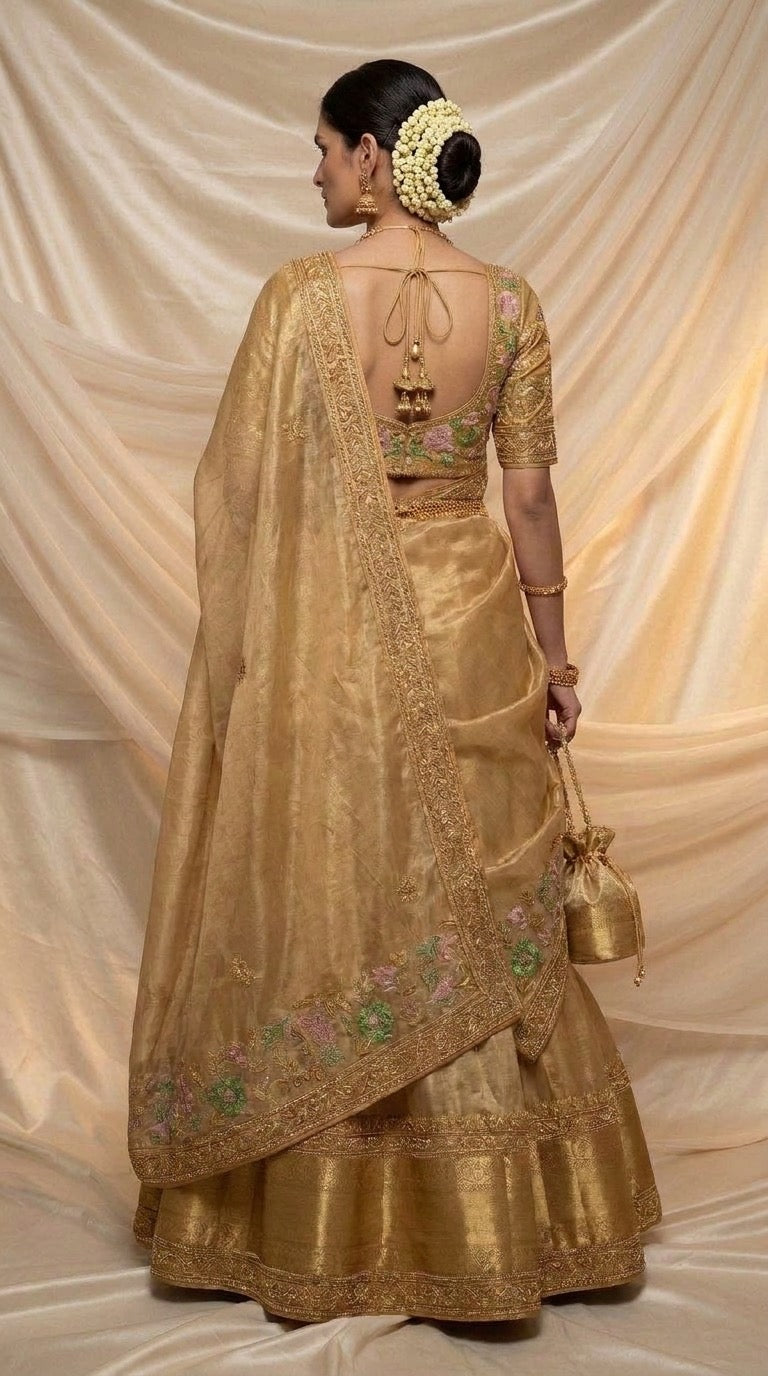 Gold tissue silk lehenga set — back view showing tassel tie-back blouse and embroidered dupatta