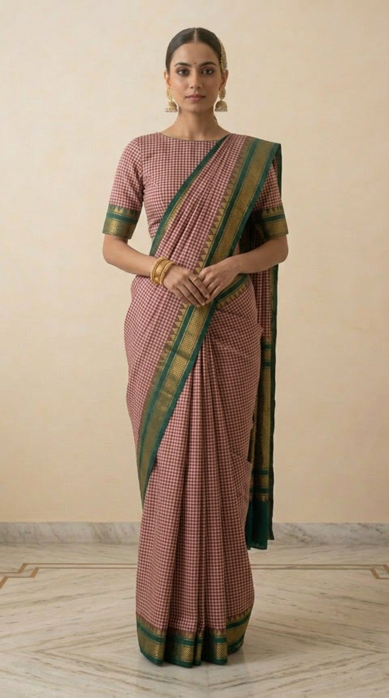 Maroon & Green Checks Handwoven Silk Saree