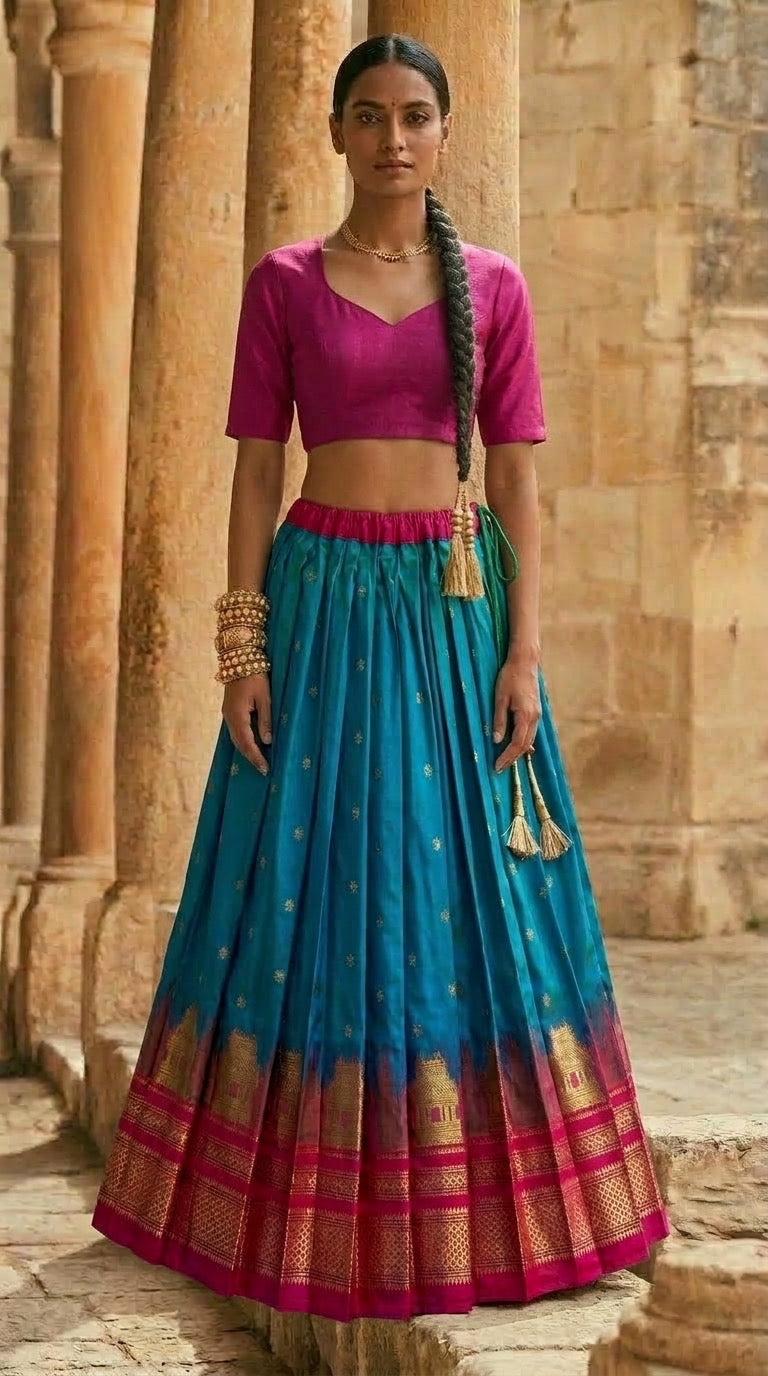Teal & Magenta Silk Lehenga with Gold Zari Border
