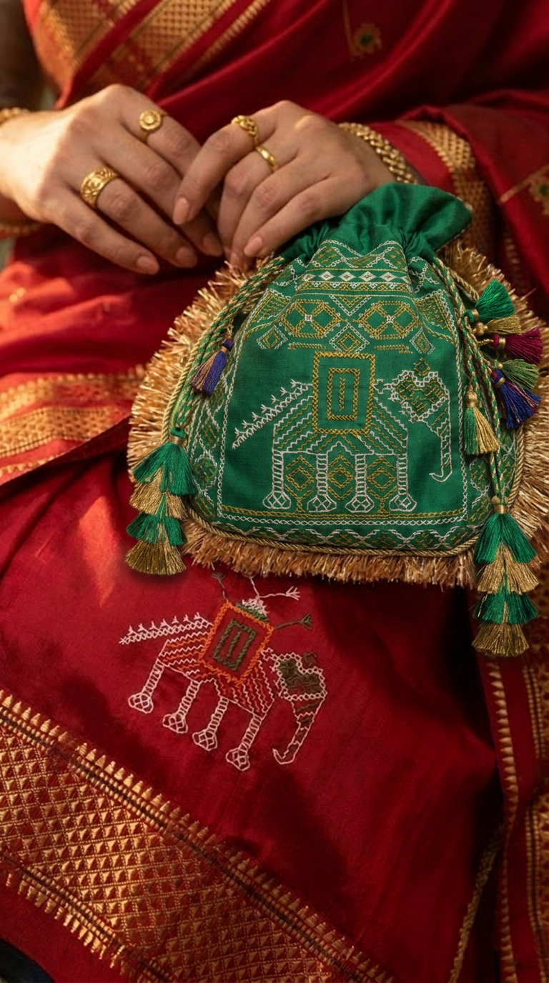 Kasuti Hand Embroidered Silk Potli Emerald Green with Elephant Motif