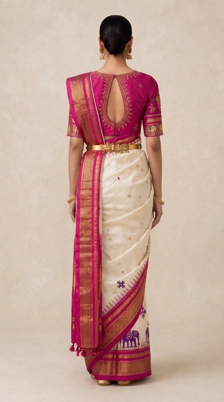 Ivory & Magenta Ilkal Silk Saree with Kasuti Hand Embroidery