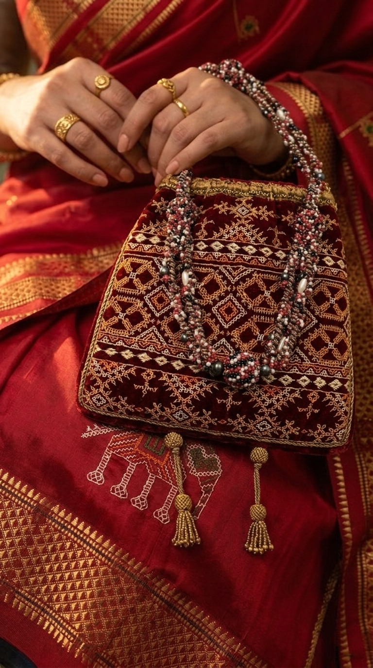 Zardozi Hand Embroidered Velvet Clutch — Peacock Motif with Pearl Handle
