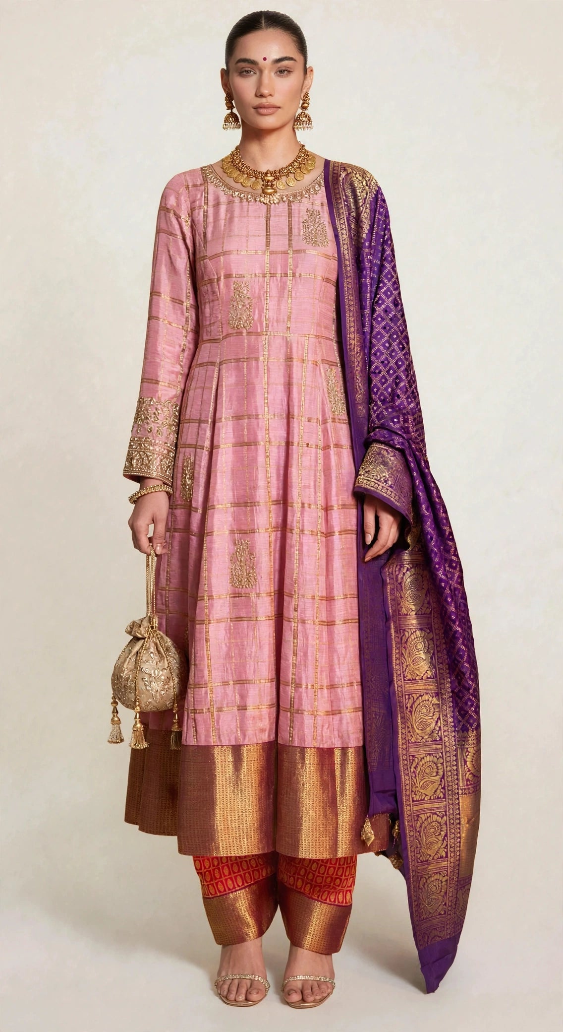 Rose pink zari check anarkali set with purple bandhani dupatta - front view
