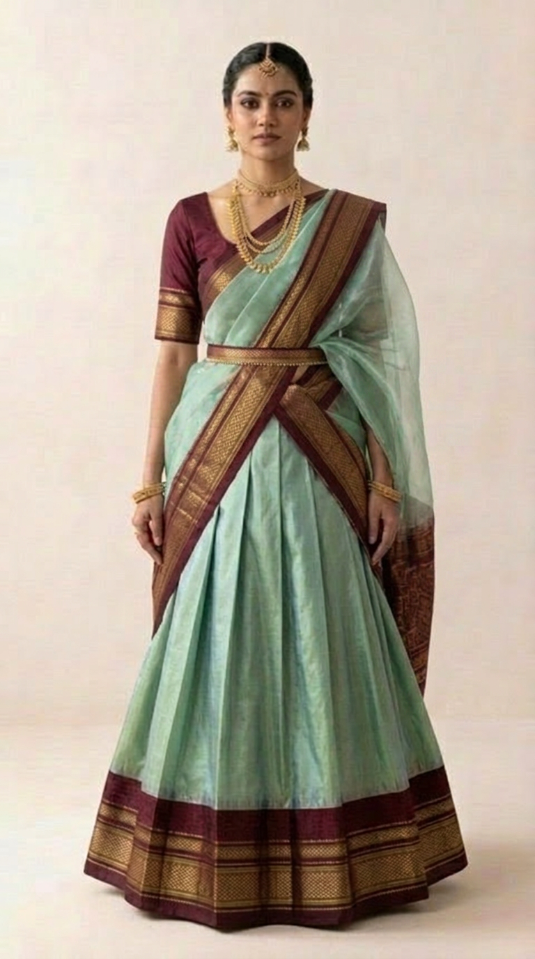 Handwoven Ilkal Silk Lehenga — Sage, Maroon & Gold Zari