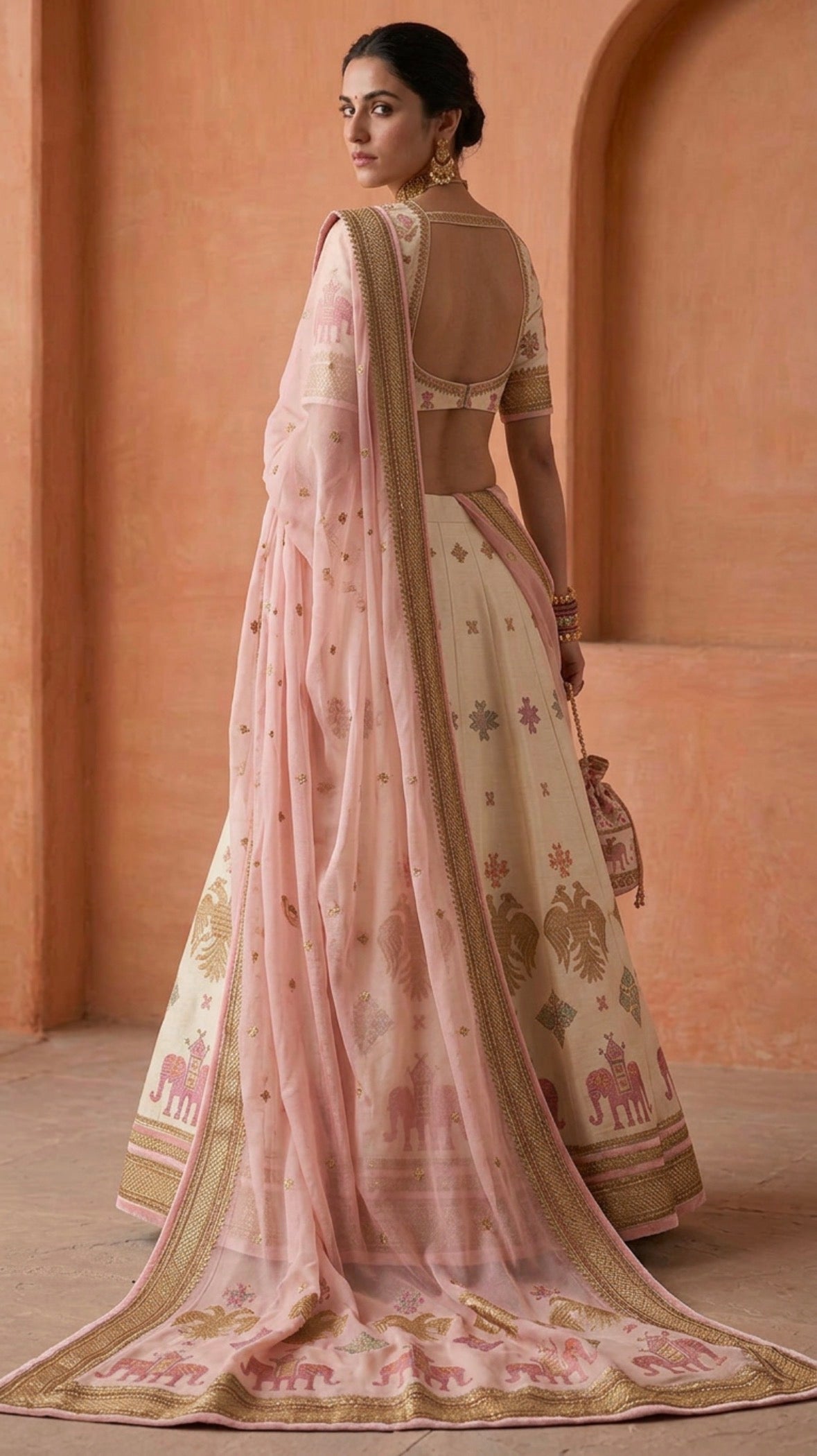 Gandaberunda Ilkal Silk Lehenga Set Ivory & Blush