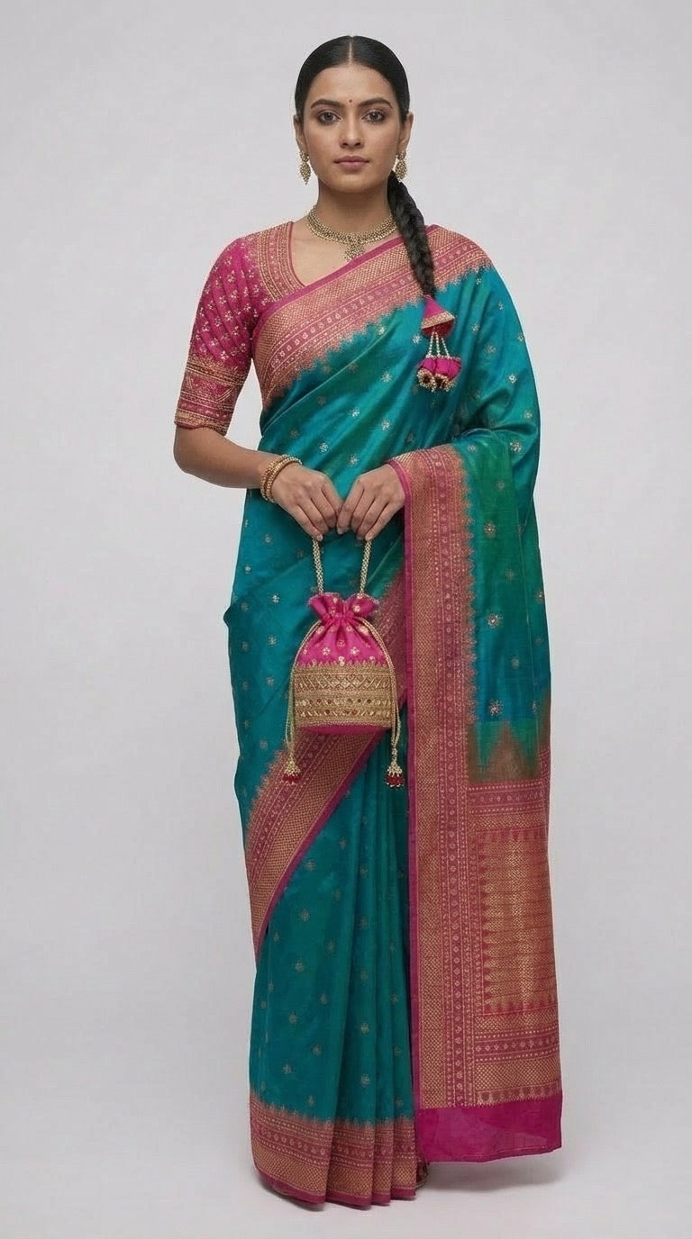 Sari en soie Banarasi sarcelle et rose avec bordure Zari dorée