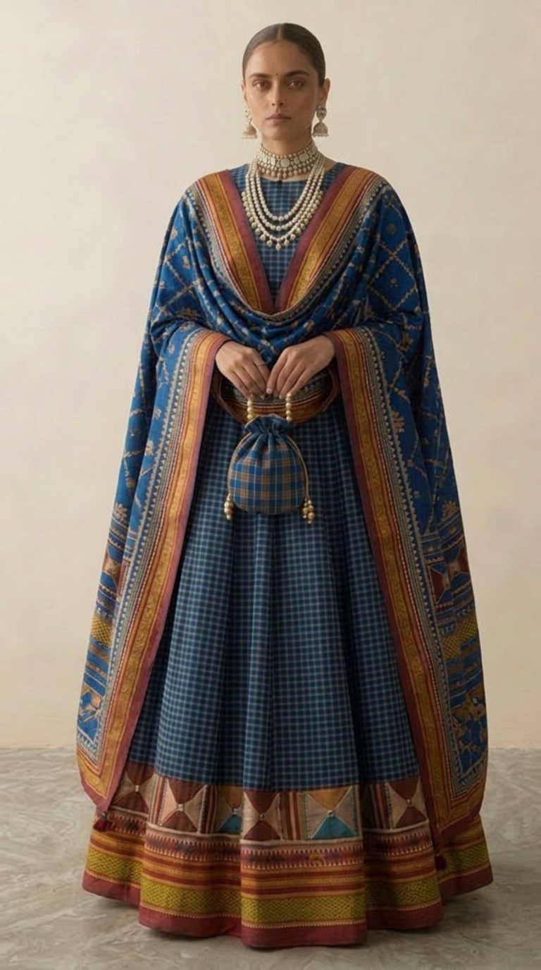 Ilkal Checks Lehenga Kasuti Hand-Embroidered