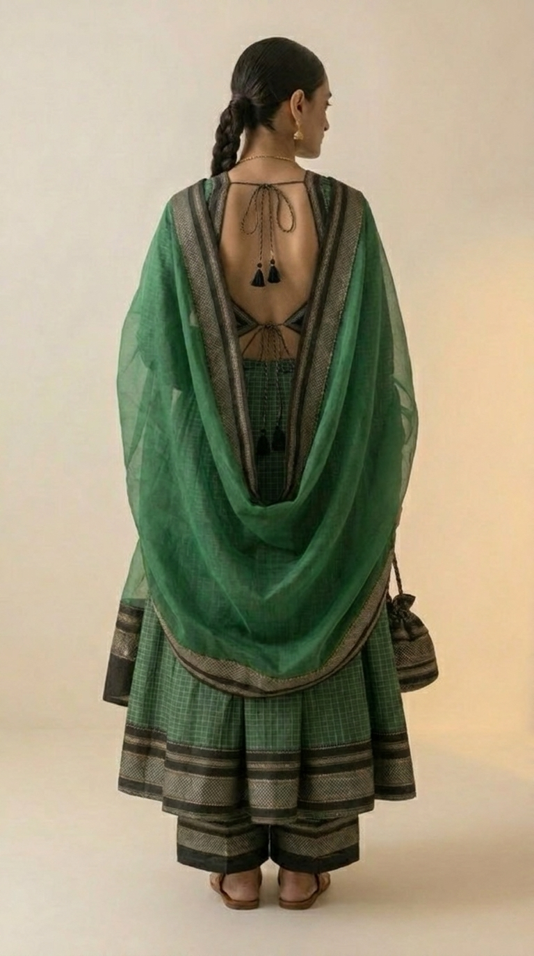 Forest Green Ilkal Handloom Anarkali Set