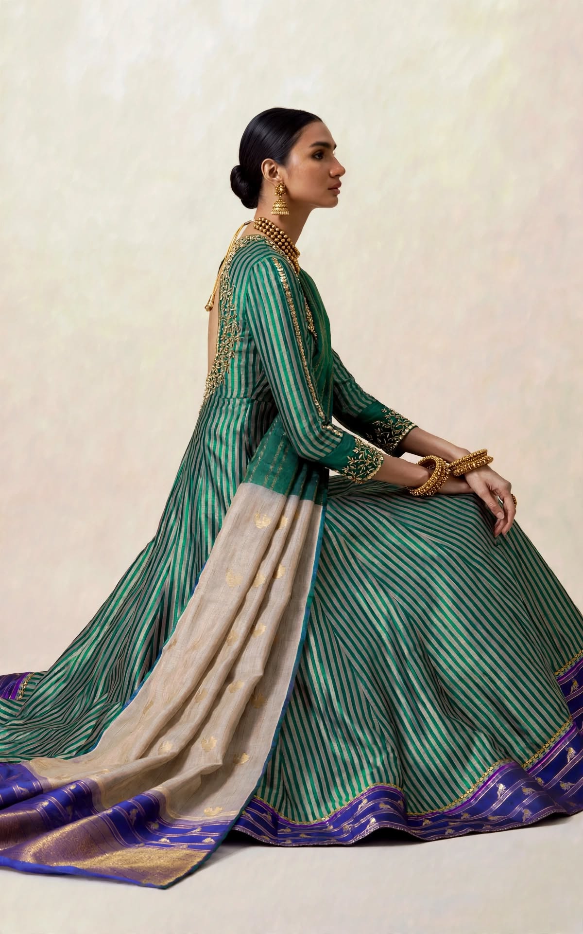 Forest Emerald handloom anarkali set - side view with dupatta drape