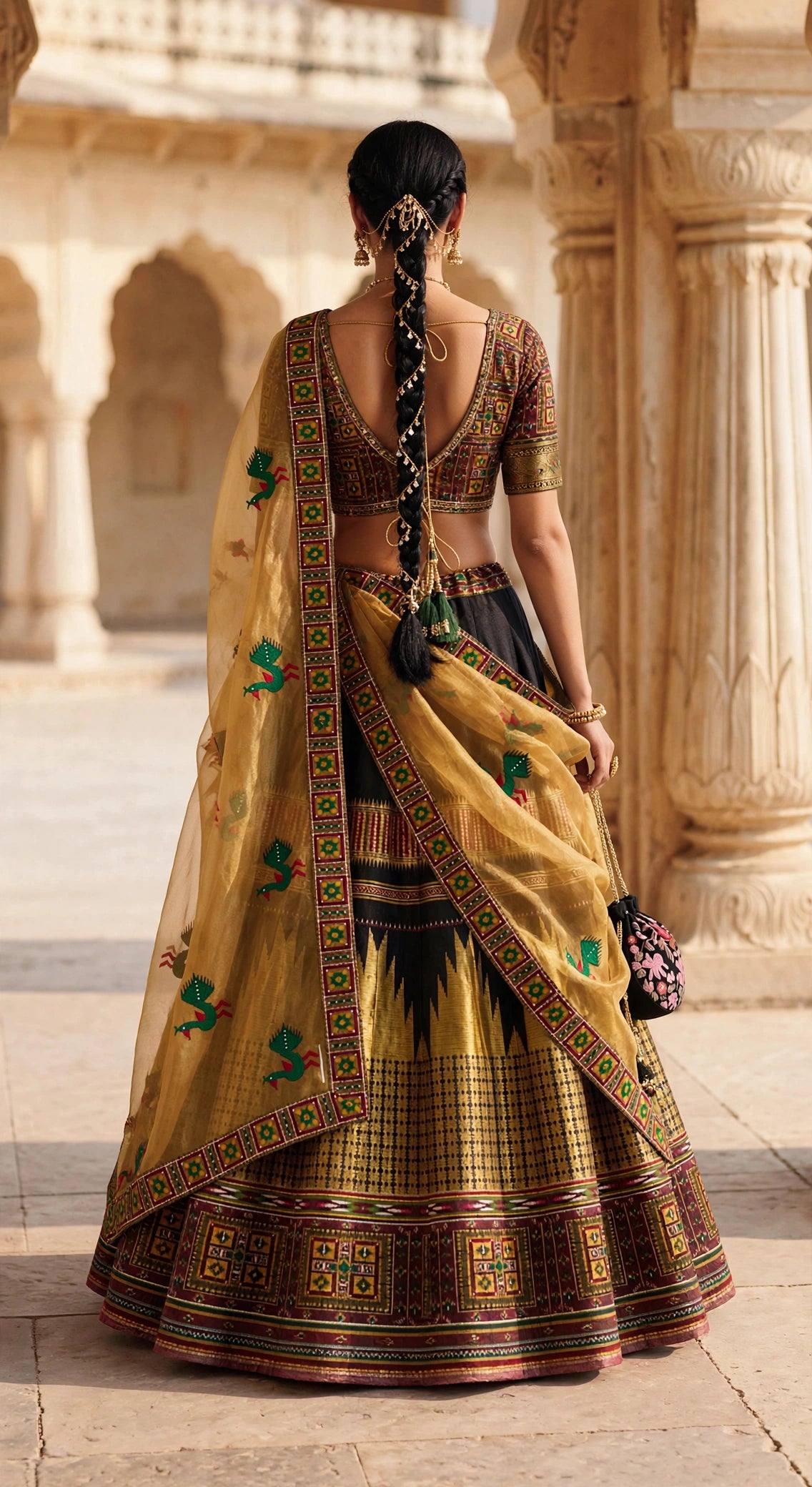 Black & Mustard Ilkal Silk Lehenga Set