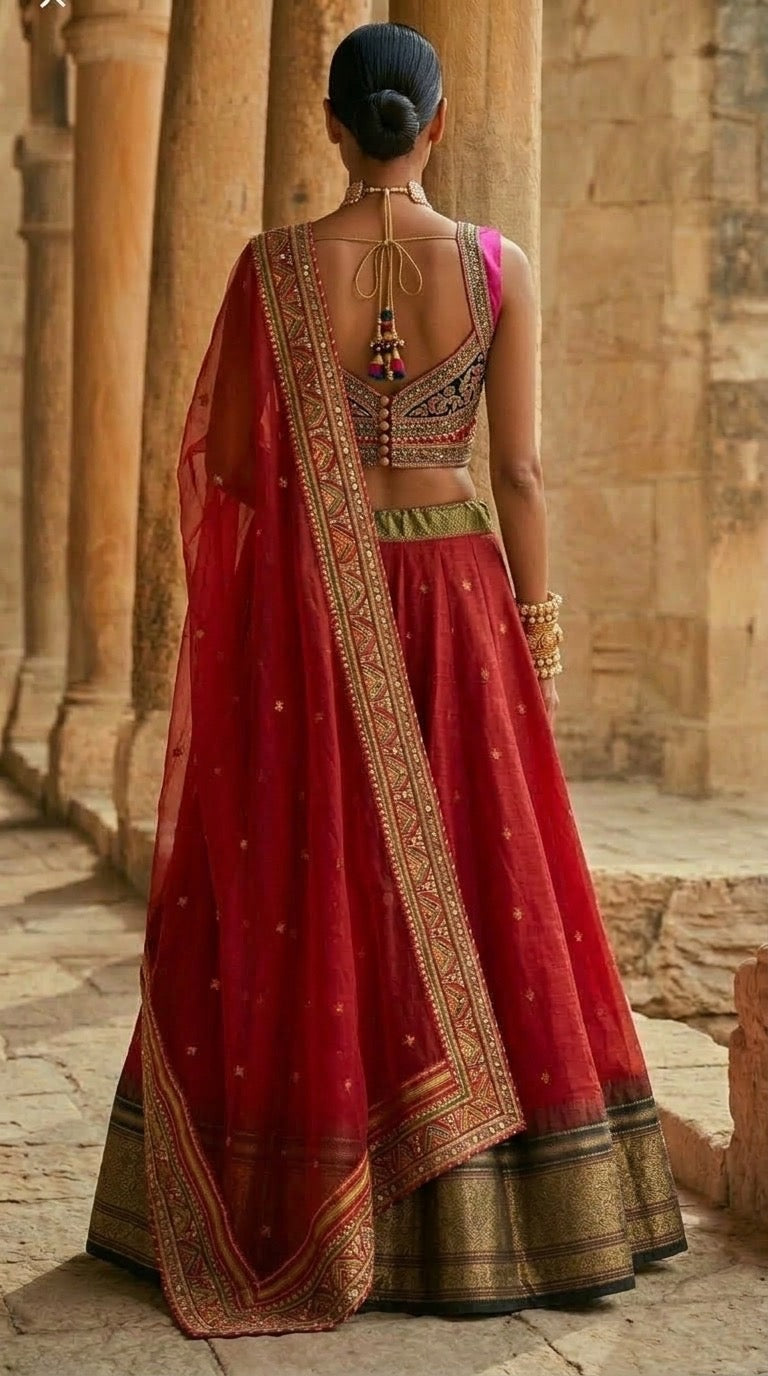 Crimson Silk Lehenga Set — Embroidered Sweetheart Blouse