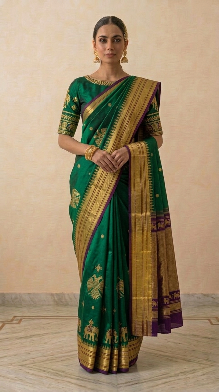 Ilkal Silk Saree — Kasuti Embroidery with Hathi & Gandaberunda Motifs