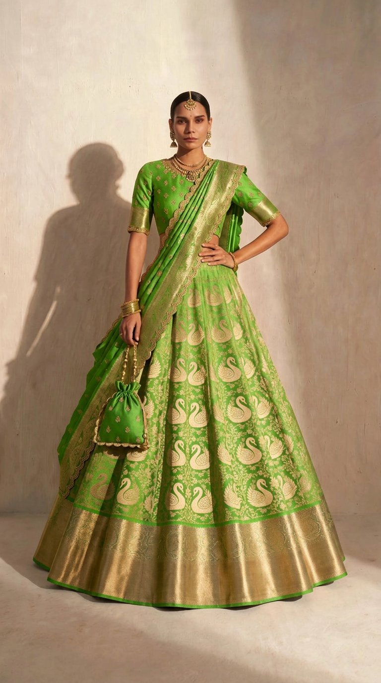 Handloom silk lehenga in sage green with gold swan brocade — back view