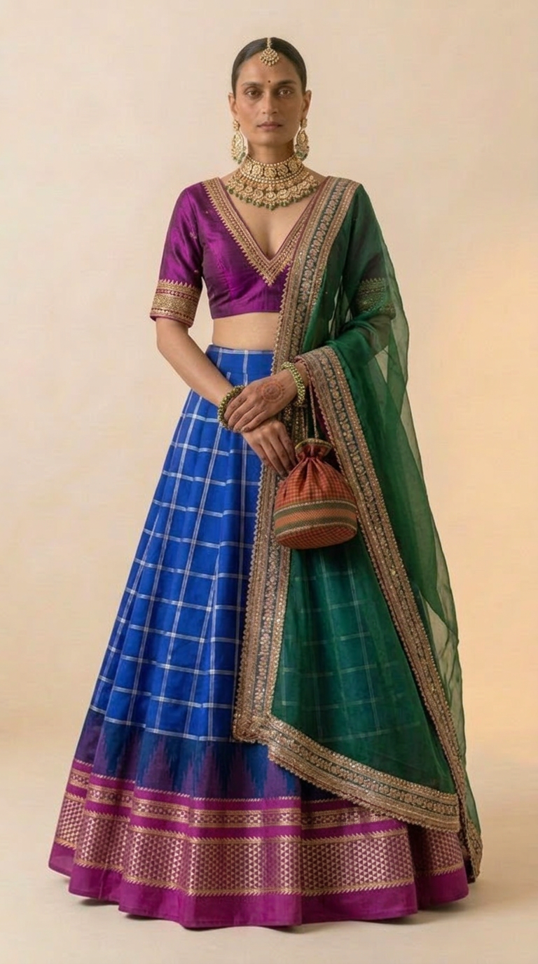 Royal Blue Ilkal Silk Checks Lehenga Set with Magenta Blouse & Green Dupatta