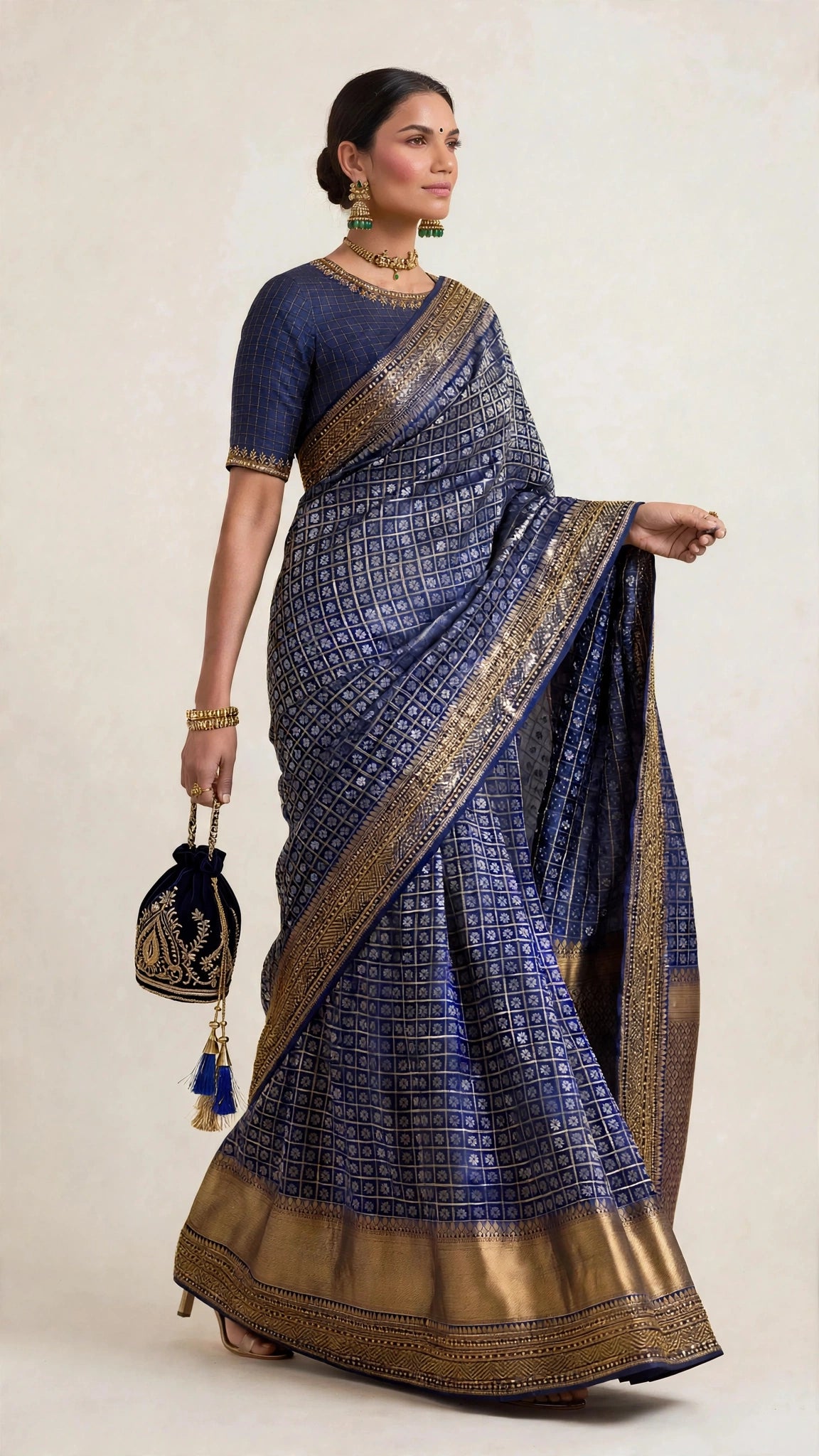 Navy Blue Karnataka Handloom Silk Saree with Thread Jaali & Zari Bead Embroidery