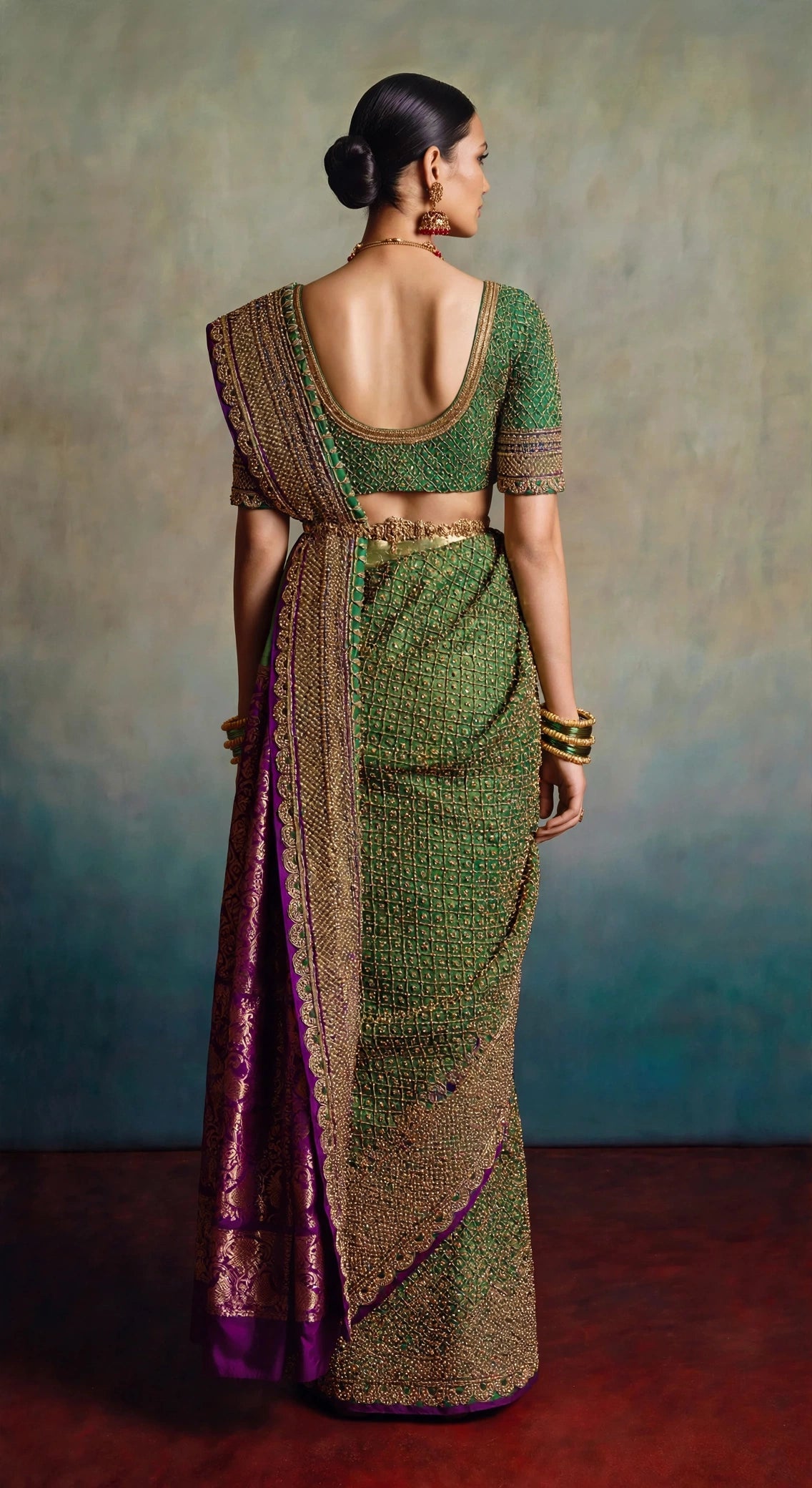 Karnataka Rewoven saree — full front view with temple border and hand-embroidered body detail