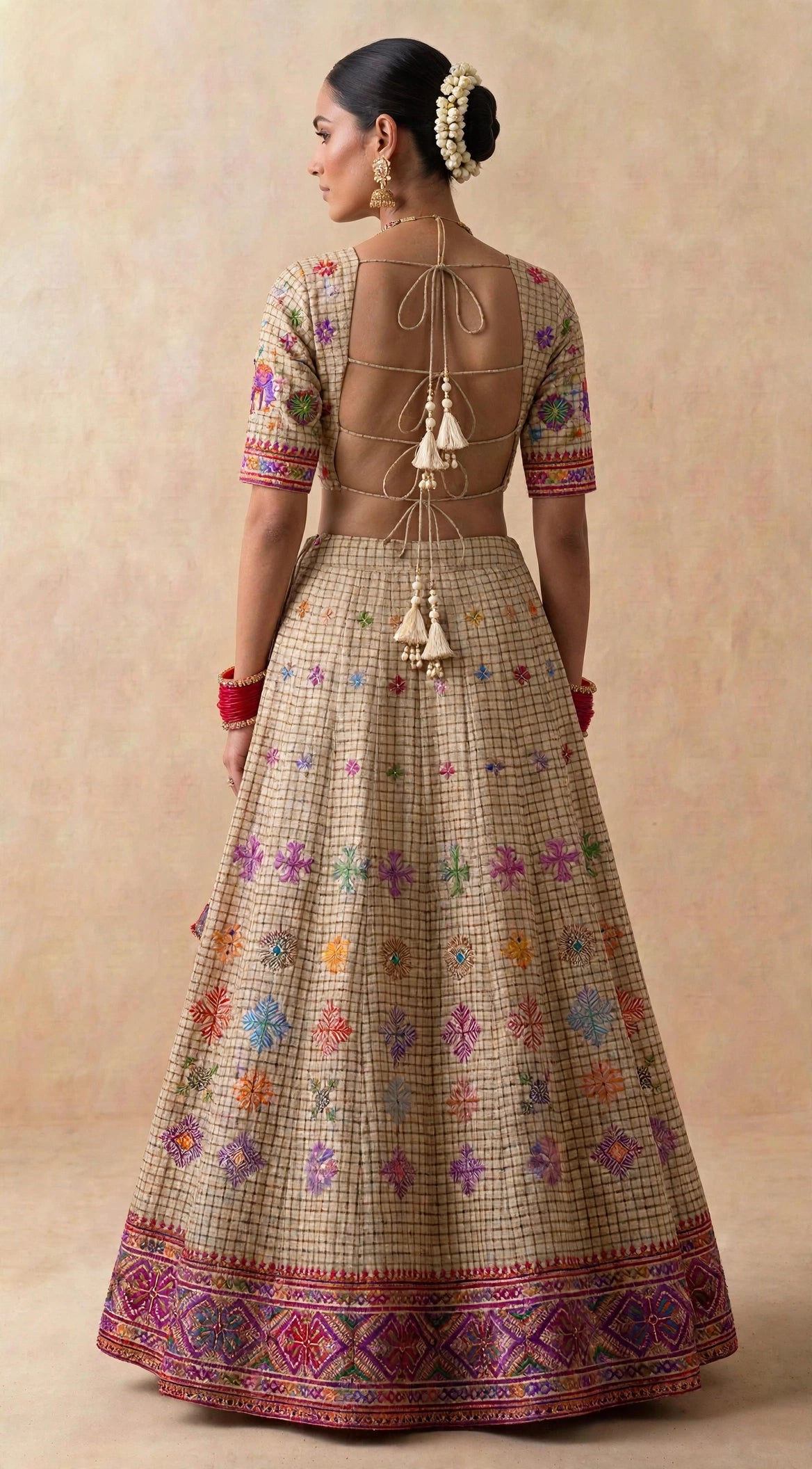Cream Checks Silk Handloom Kasuti Lehenga