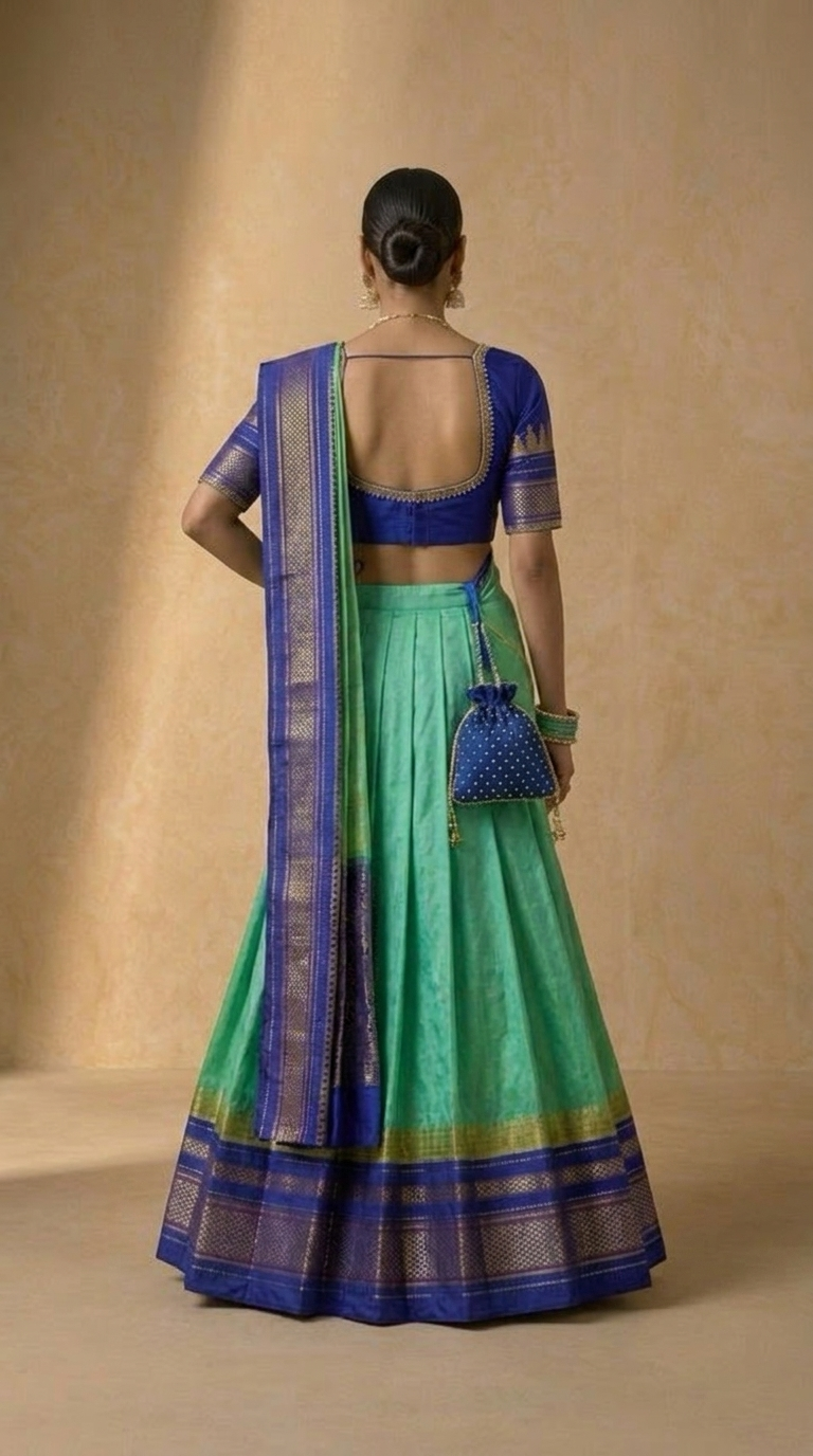 Handwoven Ilkal Silk Lehenga — Teal, Royal Blue & Gold Zari