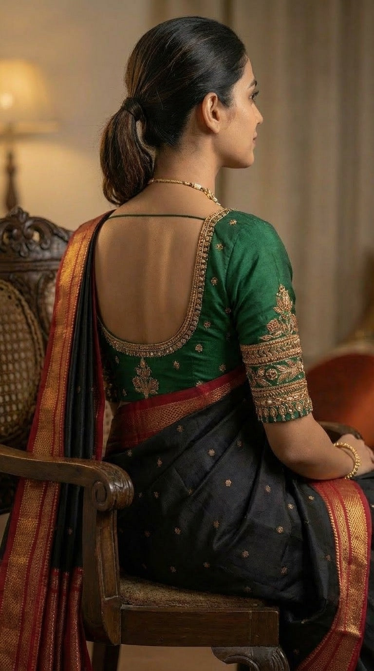 Emerald Green Silk Bridal Blouse with Gold Zari Embroidery
