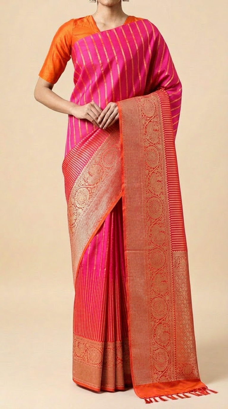 Pink Silk Saree with Orange Zari Border