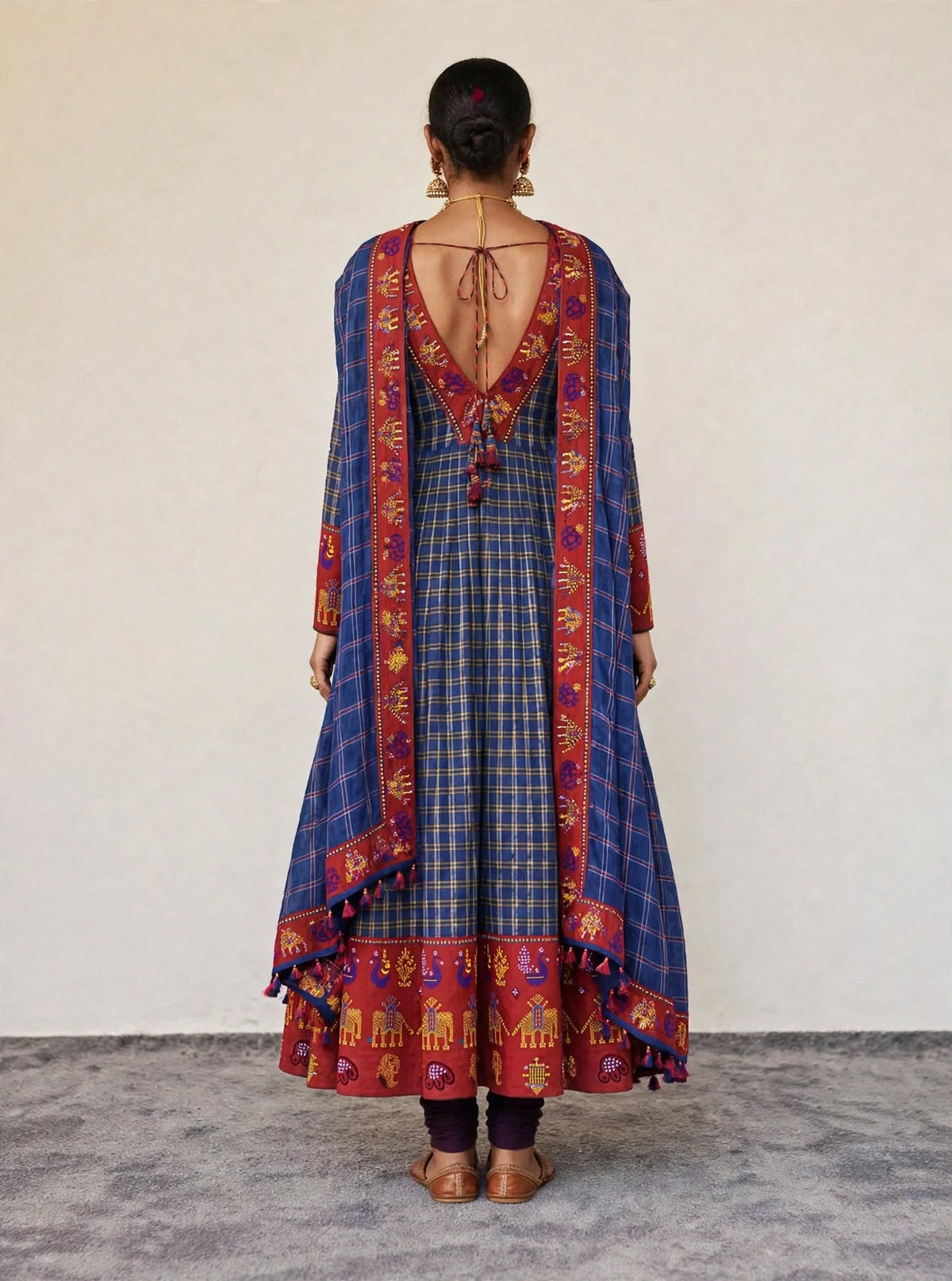 Indigo & Maroon Ilkal Handloom Anarkali with Hand Kasuti