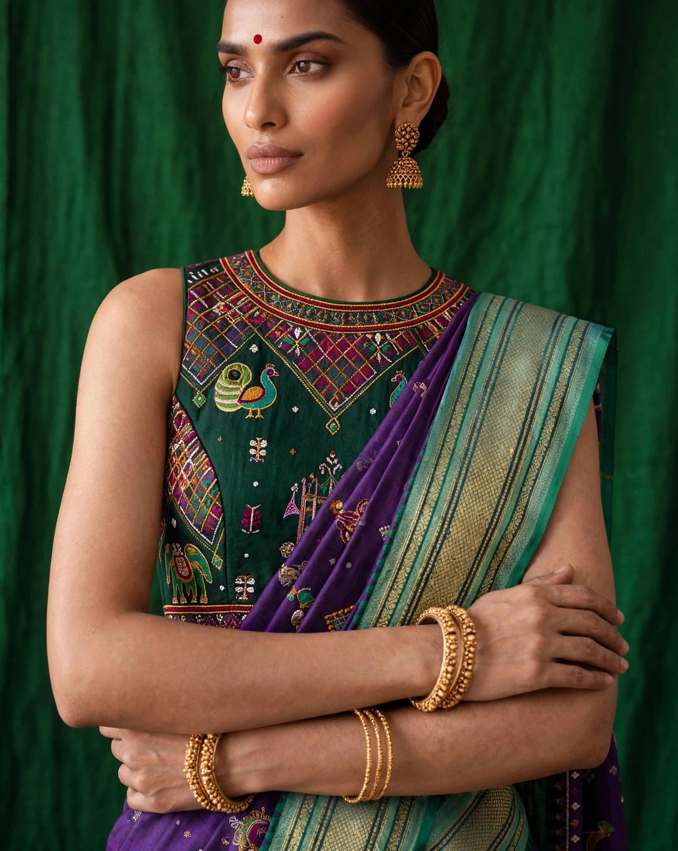 Close-up of deep green Kasuti embroidered blouse with peacock motifs