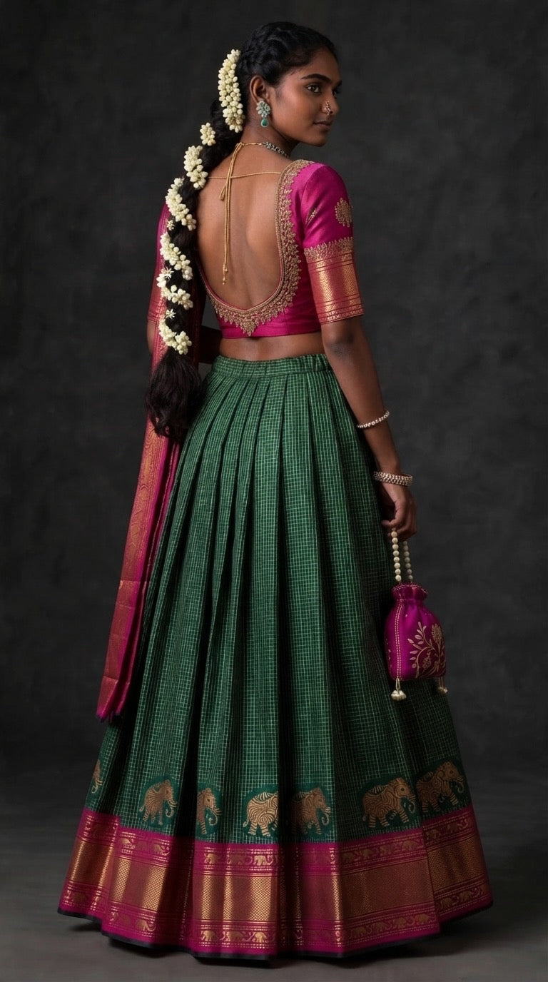 The Emerald Gaja Lehenga Set — back view showing deep scoop blouse and full skirt sweep with gaja border