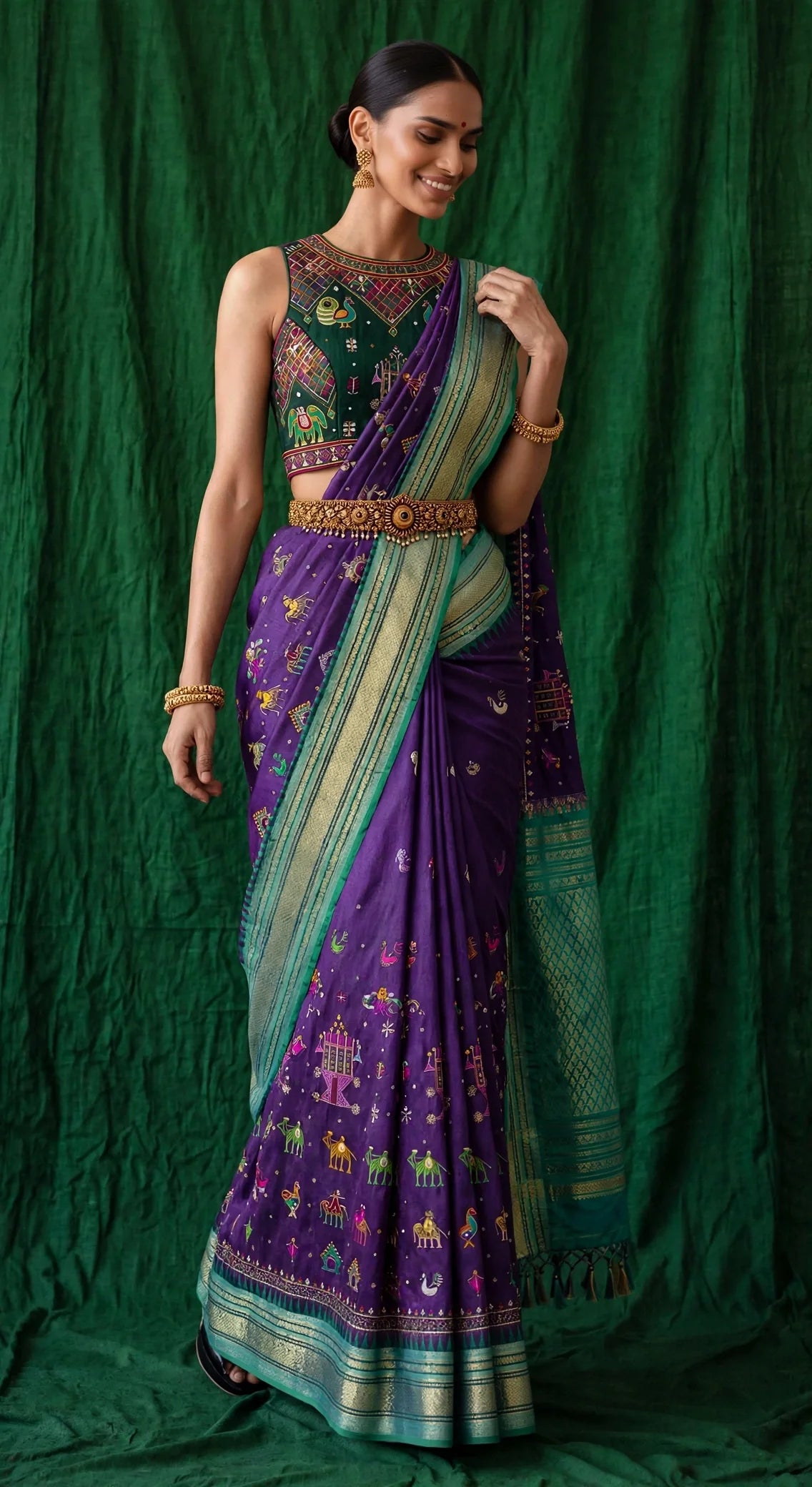 Model wearing royal purple Ilkal Kasuti handloom saree — candid walking portrait