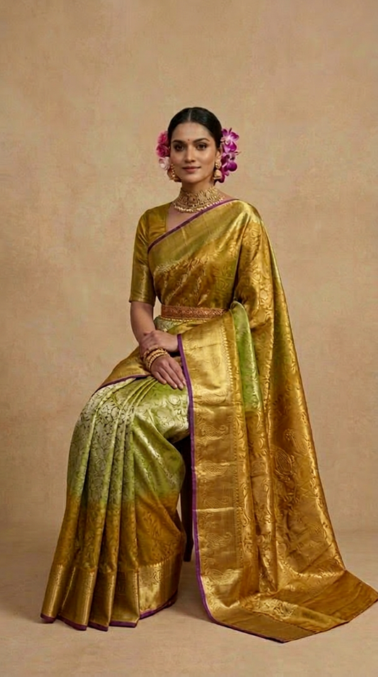 Parrot Green and Gold Tissue Silk Saree