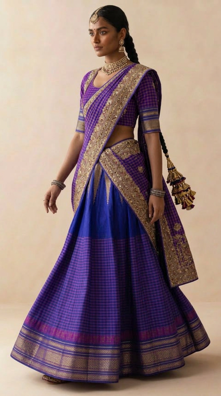 Royal Blue & Purple Gingham Lehenga Set with Embroidered Dupatta