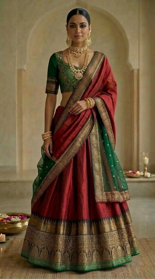 Crimson Red Silk Lehenga with Green Embroidered Blouse