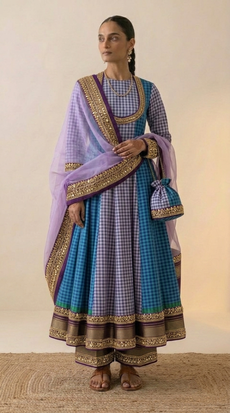 Gingham Anarkali Set with Embroidered Dupatta