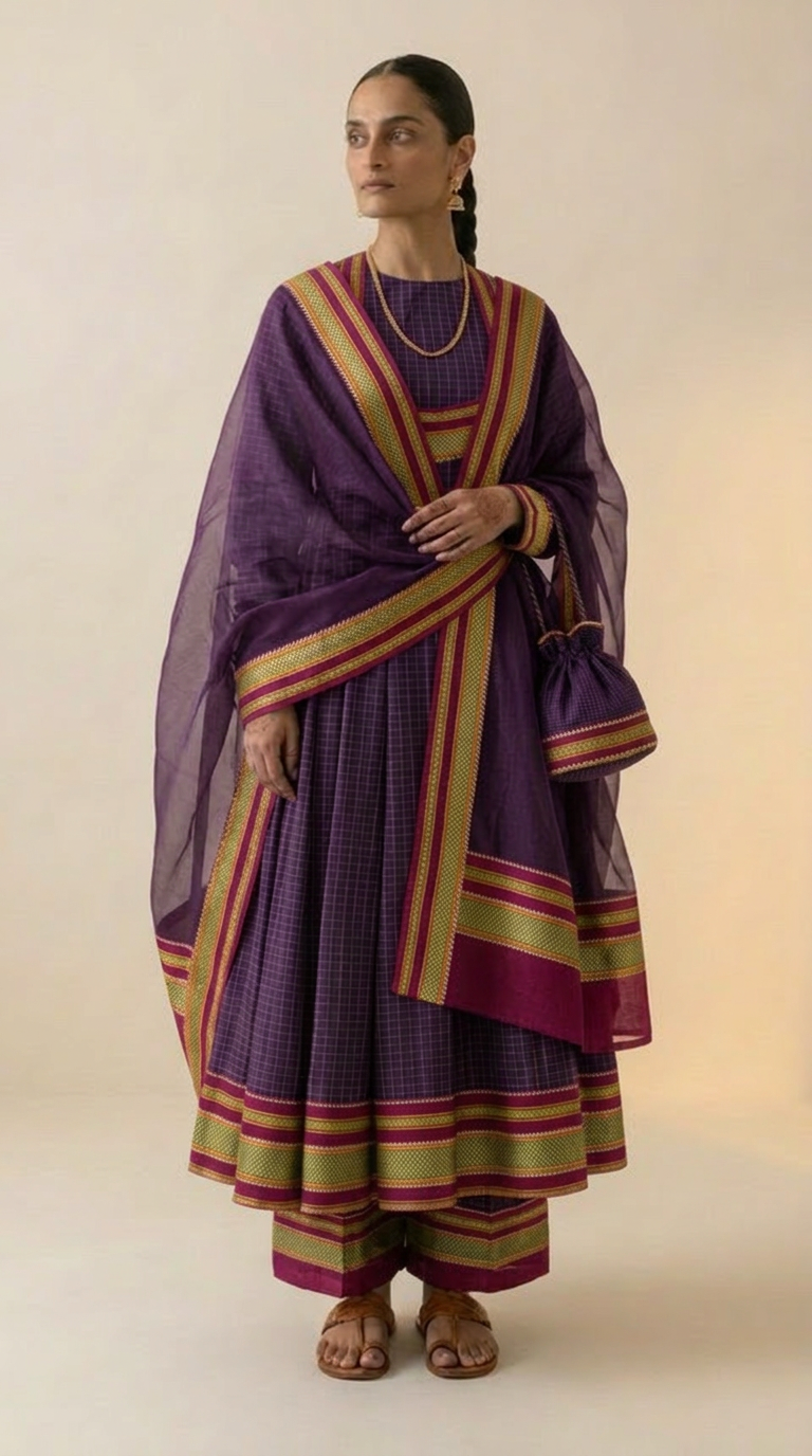 Violet Checks Silk Anarkali Set with Zari Border