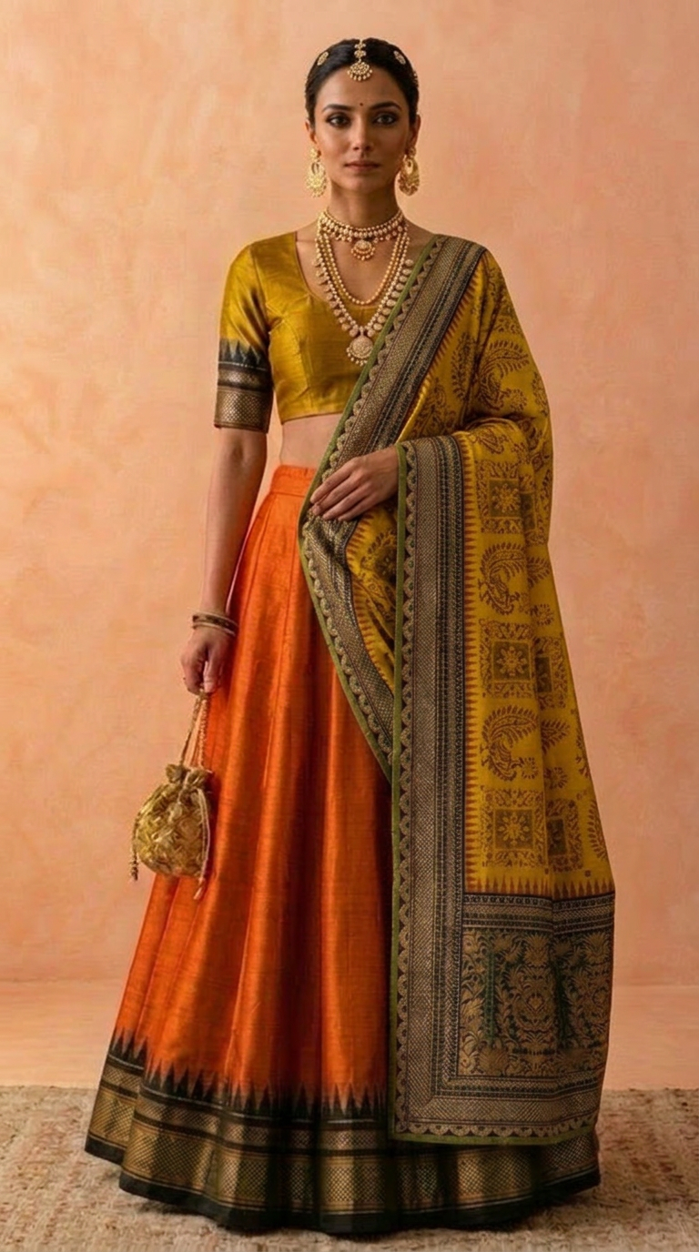 Silk Lehenga Set – Marigold & Rust in handwoven silk
