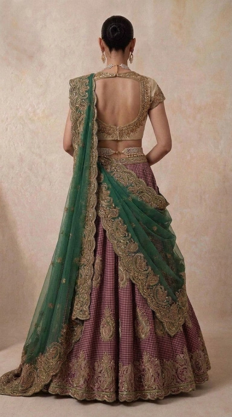 The Wine Checks Bridal Lehenga Set — back view showing deep square cutout blouse, embroidered hem and teal dupatta