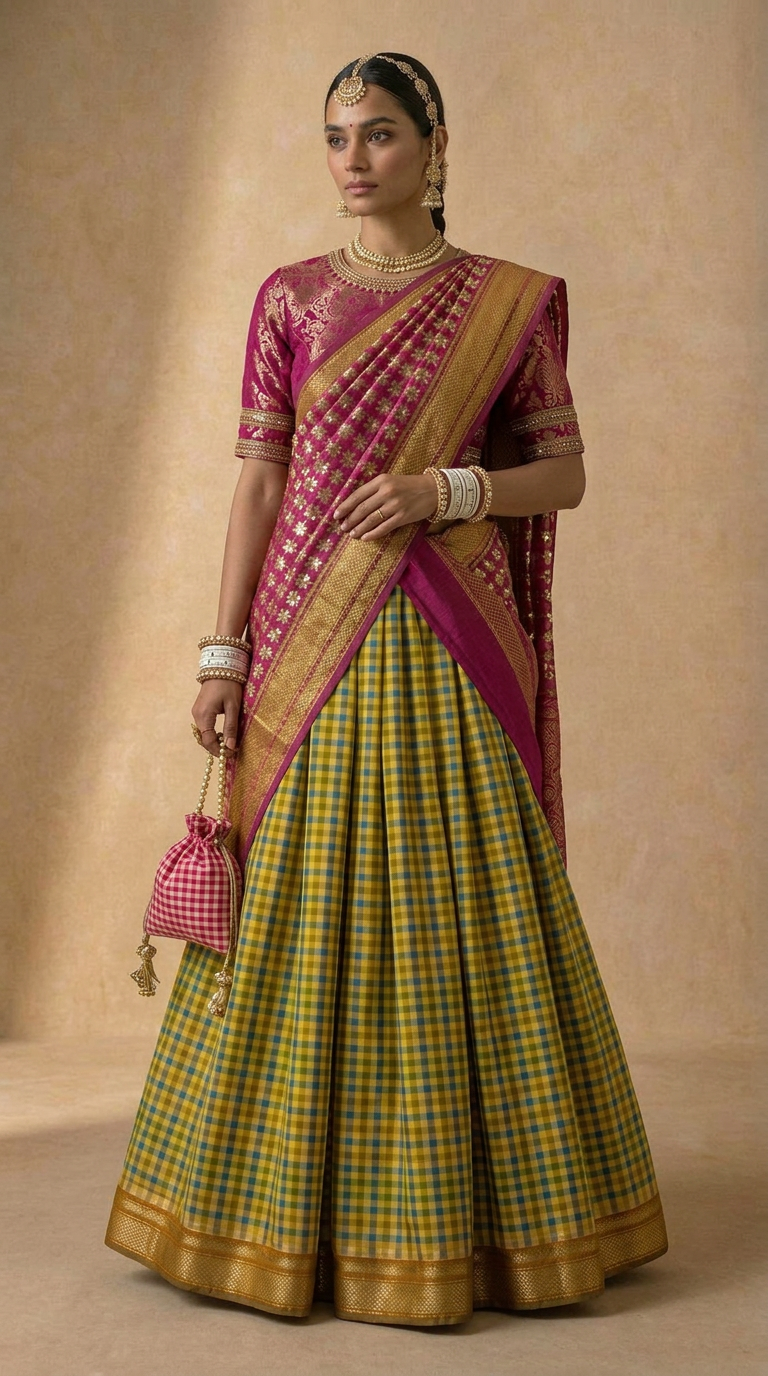 Chartreuse Vintage Checks Silk Lehenga Set with Hand-Embroidered Magenta Blouse & Dupatta